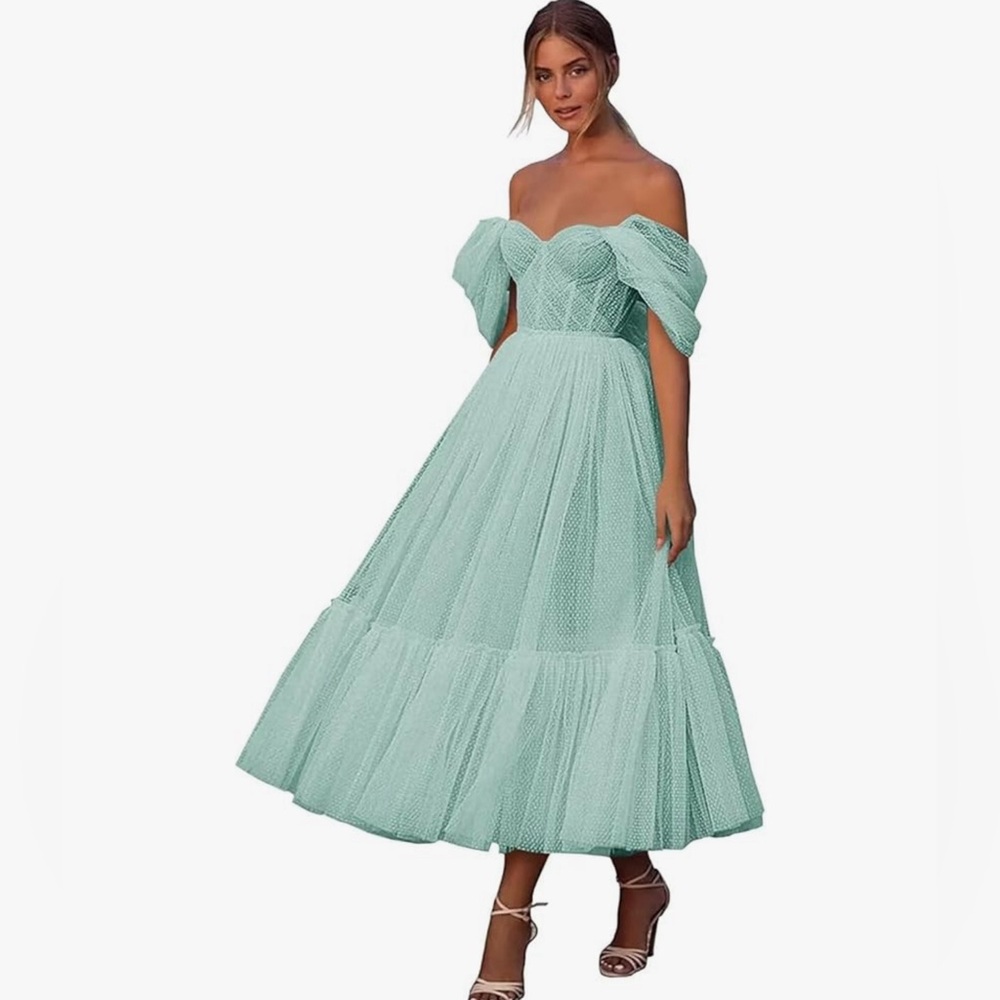 Tulle Dotted Tea Length Dress Off The Shoulder A-Line Formal Evening Party Gown